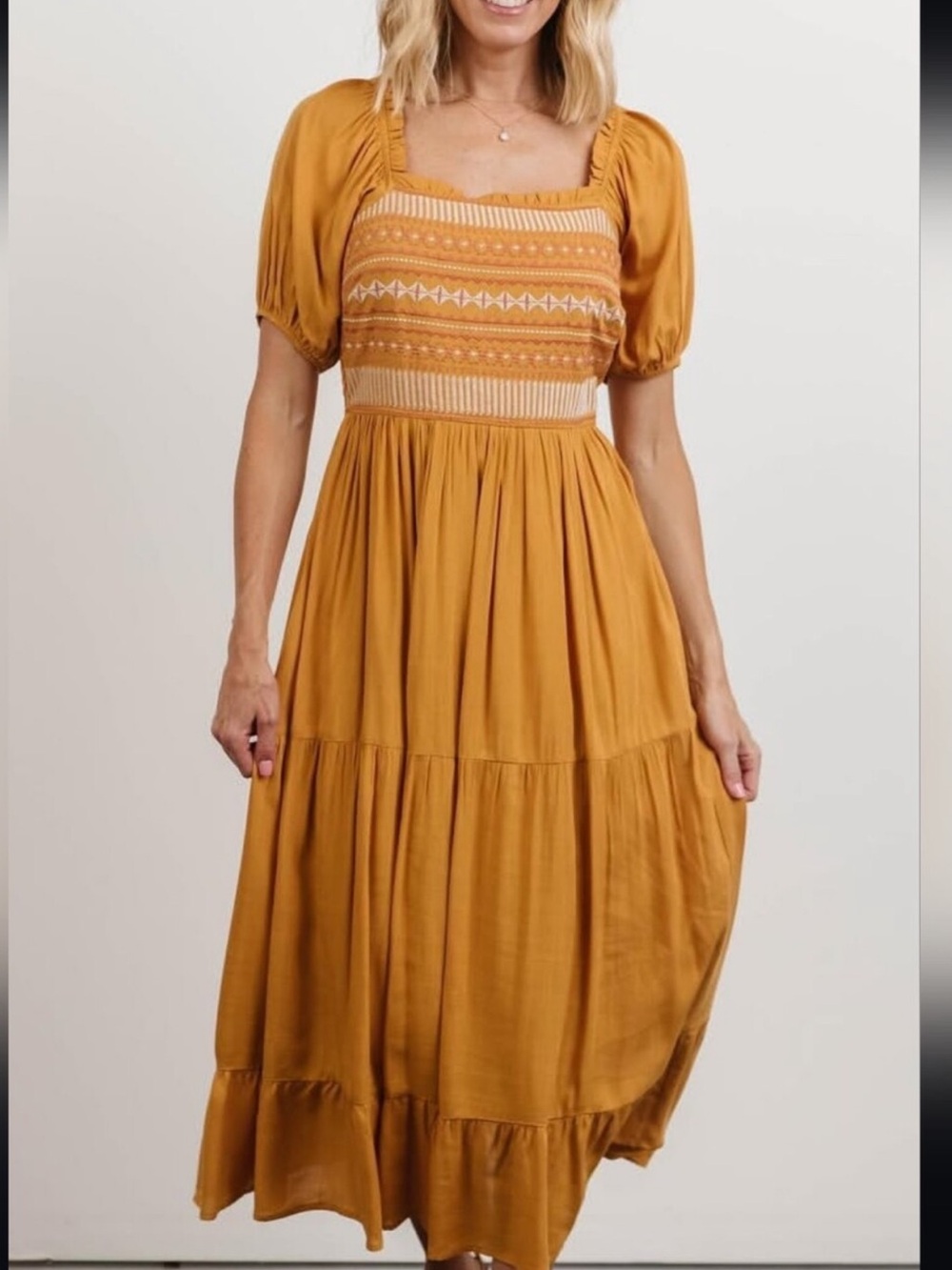 Baltic Born Smocked Puff Sleeve Midi Dress Mustard Yellow Medium Embroirdery